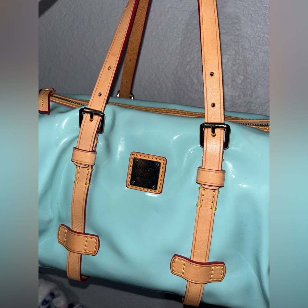 Dooney & Bourke Aqua Satchel with Tan Straps - Picture 3 of 11